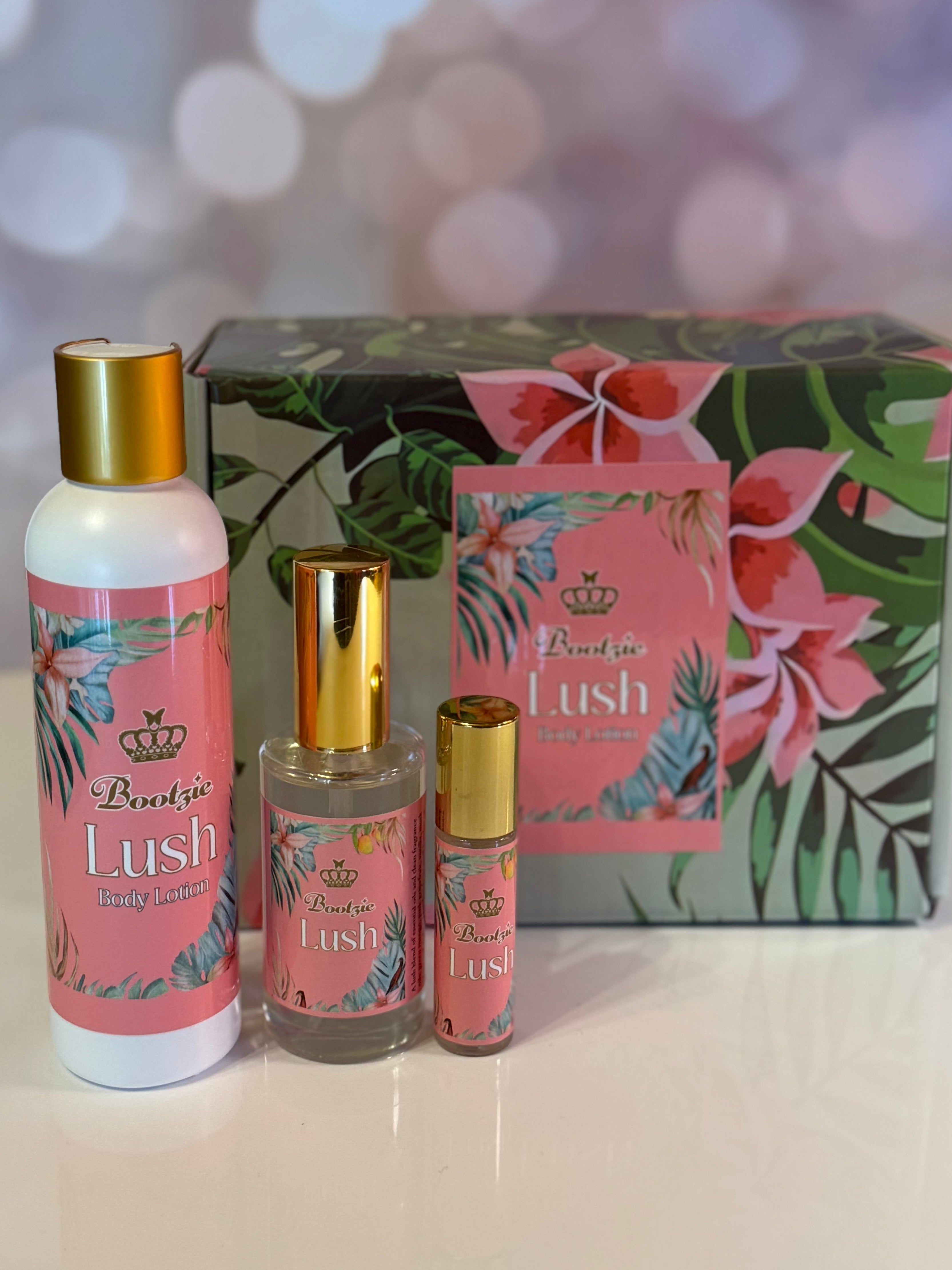 Bootzie “Lush” Luxe Gift Set - Mango, vanilla, pink grapefruit, musk blanc, amber. 10ml roller bottle + 6oz Body Lotion + 2 oz EDP spray